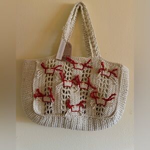 MADE IN INDIA 
Handcrafted Macrame Crab Tote Bag. Super cute, large and roomy. 😍